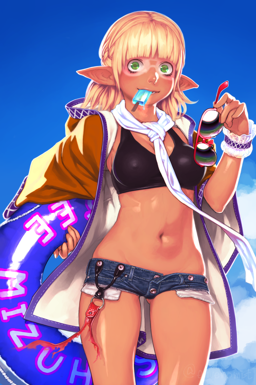 accessory_tan adapted_costume artist_name ass_visible_through_thighs bangs black_sports_bra blonde_hair blue_sky blunt_bangs breasts brown_jacket cleavage cloud commentary_request covered_nipples cowboy_shot day denim denim_shorts eyewear_removed food food_in_mouth gengoroumaru_(ambidextrous) green_eyes hand_up highres holding holding_eyewear hood hooded_jacket innertube jacket long_sleeves looking_at_viewer medium_breasts midriff mizuhashi_parsee mouth_hold navel open_clothes open_jacket outdoors pointy_ears popsicle red-framed_eyewear scarf shiny shiny_skin short_hair short_shorts shorts sky smile solo sports_bra standing stomach sunglasses tan tanline thighs touhou twitter_username white_scarf wide_sleeves wrist_cuffs