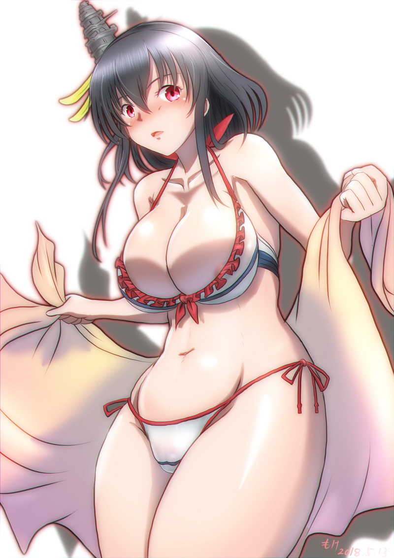 bare_shoulders bikini bikini_top black_hair blush breasts cleavage commentary_request embarrassed hair_ornament kantai_collection large_breasts looking_at_viewer mokerou navel open_mouth red_eyes sarong sarong_removed shadow short_hair side-tie_bikini solo swimsuit white_background white_bikini yamashiro_(kantai_collection)