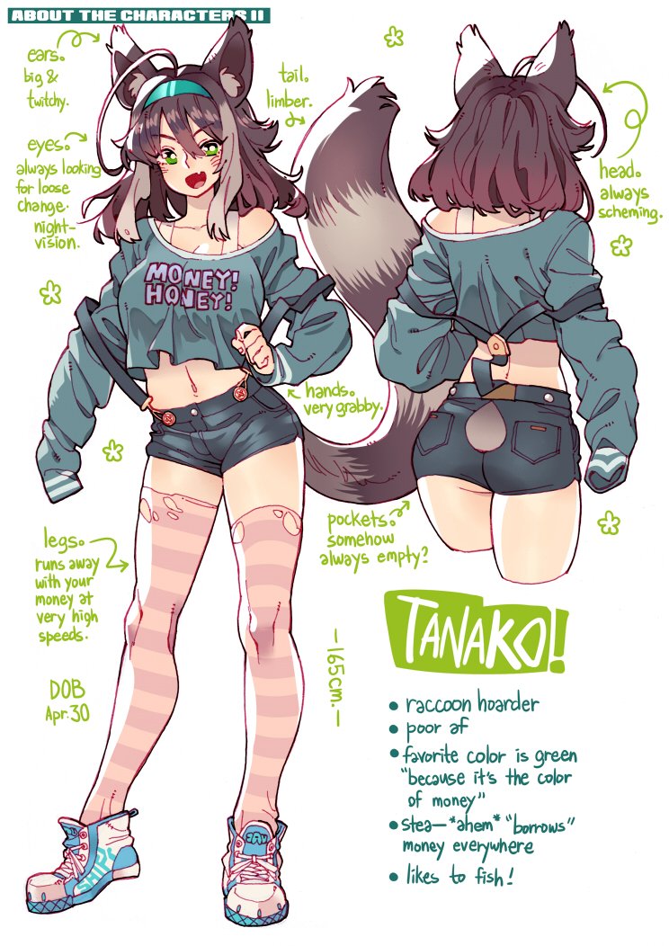 ahoge animal_ear_fluff animal_ears ass breasts brown_hair commentary green_eyes large_breasts long_sleeves navel open_mouth original poch4n raccoon_ears raccoon_tail shoes short_hair short_shorts shorts smile solo striped striped_legwear tail tanuki