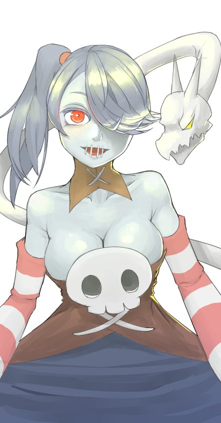 1girl blue_skin breasts cleavage detached_collar detached_sleeves dress skull skullgirls solo squigly_(skullgirls) stitched_mouth stitches striped striped_legwear striped_sleeves zombie