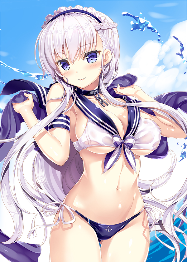 alternate_costume anchor_symbol armband azur_lane bangs bare_shoulders belfast_(azur_lane) bikini blue_bikini_bottom blue_eyes blue_sky blush braid breasts chain cleavage cloud collar collarbone commentary_request day eyebrows_visible_through_hair floating_hair fujima_takuya groin head_tilt holding_shawl large_breasts long_hair looking_at_viewer maid_headdress navel outdoors sailor_bikini_top sailor_collar shawl shiny shiny_skin side-tie_bikini sidelocks silver_hair skindentation sky solo stomach swimsuit thighs towel water wet wet_clothes wind wind_lift