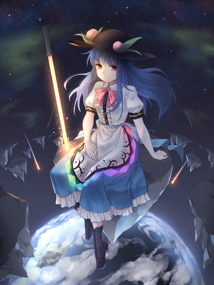 arm_support bangs black_footwear black_hat blouse blue_hair blue_sash blue_skirt boots bow bowtie breasts center_frills cloud commentary earth food fruit full_body hat hinanawi_tenshi leaf long_hair looking_at_viewer minust peach petticoat planted_sword planted_weapon puffy_short_sleeves puffy_sleeves red_bow red_eyes red_neckwear rock shooting_star short_sleeves sitting skirt small_breasts smile solo space sword sword_of_hisou touhou weapon white_blouse wing_collar