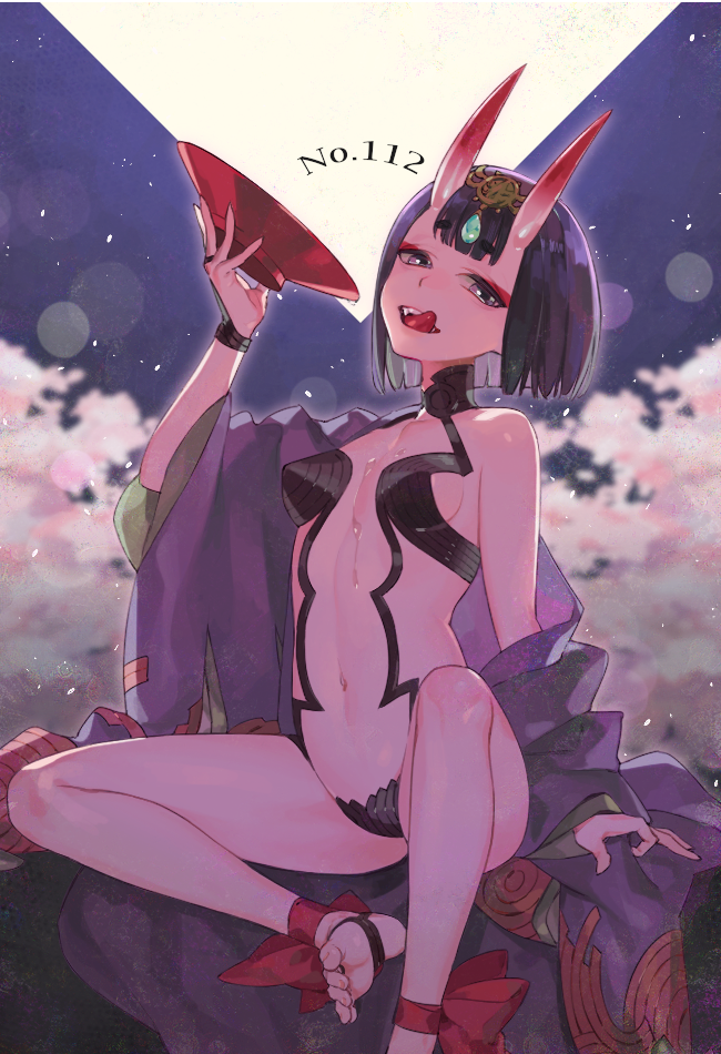 alcohol ankle_ribbon bangs barefoot barefoot_sandals blunt_bangs bob_cut bow breasts commentary_request cup eyeshadow fate/grand_order fate_(series) gem holding holding_cup japanese_clothes kimono licking_lips long_sleeves looking_at_viewer makeup navel oni_horns open_clothes open_kimono purple_eyes purple_hair purple_kimono red_bow ribbon sakazuki sake sara_(kurome1127) short_hair shuten_douji_(fate/grand_order) sitting small_breasts tongue tongue_out wet