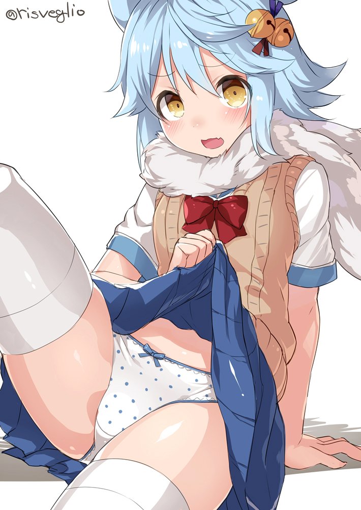 alternate_costume animal_ears arm_support azur_lane bangs bell blue_bow blue_hair blue_skirt blush bow bow_panties bowtie brown_sweater commentary_request duplicate eyebrows_visible_through_hair fang fubuki_(azur_lane) hair_bell hair_between_eyes hair_ornament jingle_bell knee_up long_hair looking_at_viewer medium_skirt open_mouth panties pleated_skirt polka_dot polka_dot_panties red_bow red_neckwear scarf school_uniform shiny shiny_hair shiny_skin shirt shoes short_sleeves simple_background sitting skirt skirt_lift solo sweater sweater_vest thighhighs thighs torimaru twitter_username underwear white_background white_legwear white_panties white_shirt yellow_eyes
