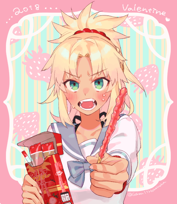 2018 :o bangs blonde_hair blush commentary_request dark_skin dress fate/grand_order fate_(series) food green_eyes holding holding_food long_hair long_sleeves looking_at_viewer mordred_(fate)_(all) mordred_(swimsuit_rider)_(fate) open_mouth parted_bangs pocky ponytail red_scrunchie sara_(kurome1127) school_uniform scrunchie serafuku solo strawberry_background sweatdrop upper_body v-shaped_eyebrows valentine white_dress
