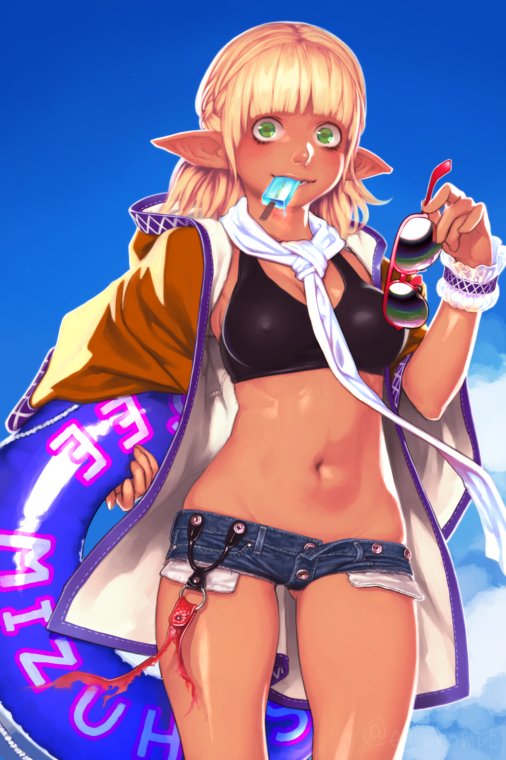 adapted_costume artist_name ass_visible_through_thighs bangs black_sports_bra blonde_hair blue_sky blunt_bangs breasts brown_jacket cleavage cloud commentary_request covered_nipples cowboy_shot day denim denim_shorts eyewear_removed food food_in_mouth gengoroumaru_(ambidextrous) green_eyes hand_up highres holding holding_eyewear hood hooded_jacket innertube jacket long_sleeves looking_at_viewer medium_breasts midriff mizuhashi_parsee mouth_hold navel open_clothes open_jacket outdoors pointy_ears popsicle red-framed_eyewear scarf shiny shiny_skin short_hair short_shorts shorts sky smile solo sports_bra standing stomach sunglasses tan thighs touhou twitter_username white_scarf wide_sleeves wrist_cuffs