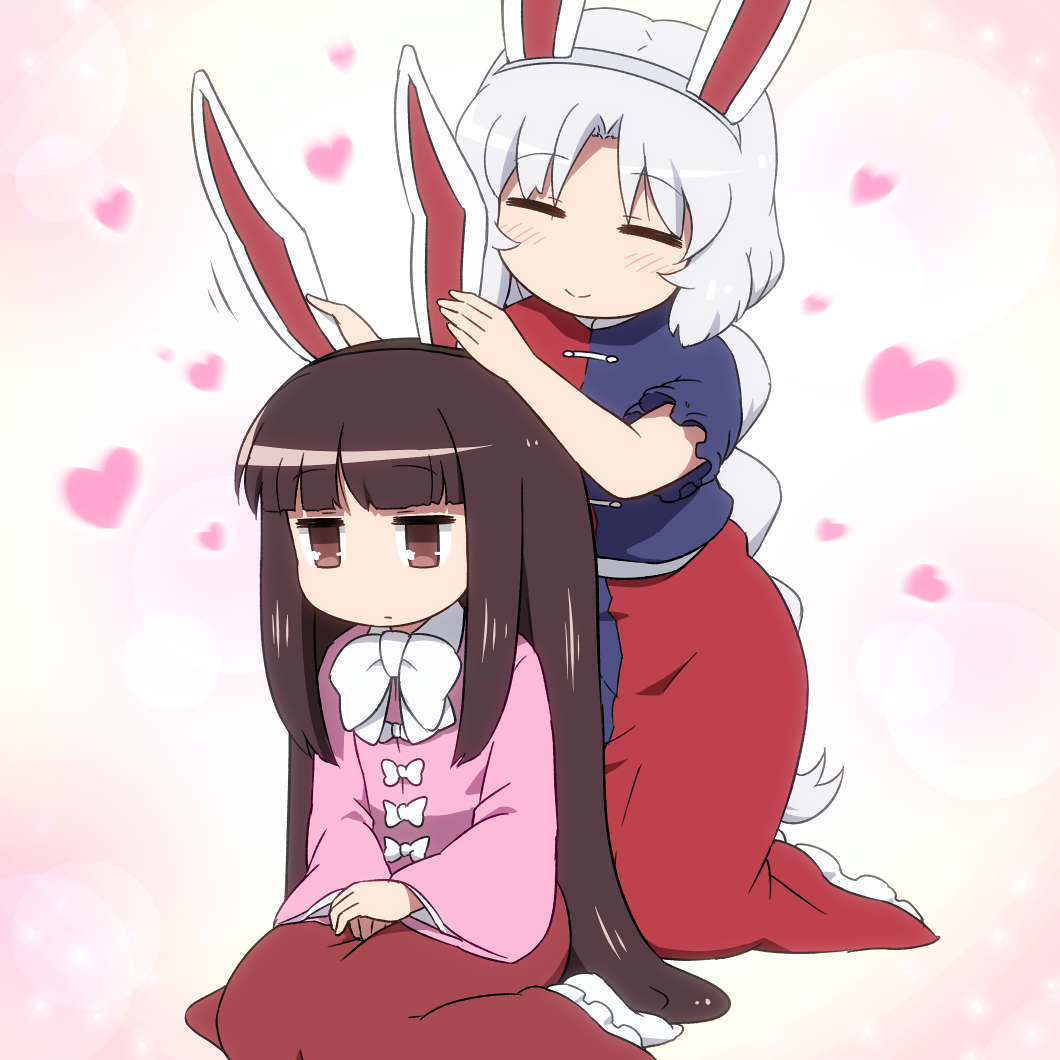 =_= animal_ears bangs belt blue_dress blunt_bangs blush bow bowtie braid brown_eyes brown_hair bunny_day bunny_ears closed_eyes commentary_request dress expressionless eyebrows_visible_through_hair fake_animal_ears gradient gradient_background hands_up heart houraisan_kaguya jitome kneeling lens_flare long_braid long_dress long_hair long_sleeves multicolored multicolored_clothes multicolored_dress multiple_girls no_nose no_shoes own_hands_together petticoat pink_background pink_shirt red_dress red_skirt shirosato shirt short_sleeves silver_hair single_braid sitting skirt smile socks touhou very_long_hair wariza white_background white_belt white_bow white_legwear white_neckwear wide_sleeves wing_collar yagokoro_eirin