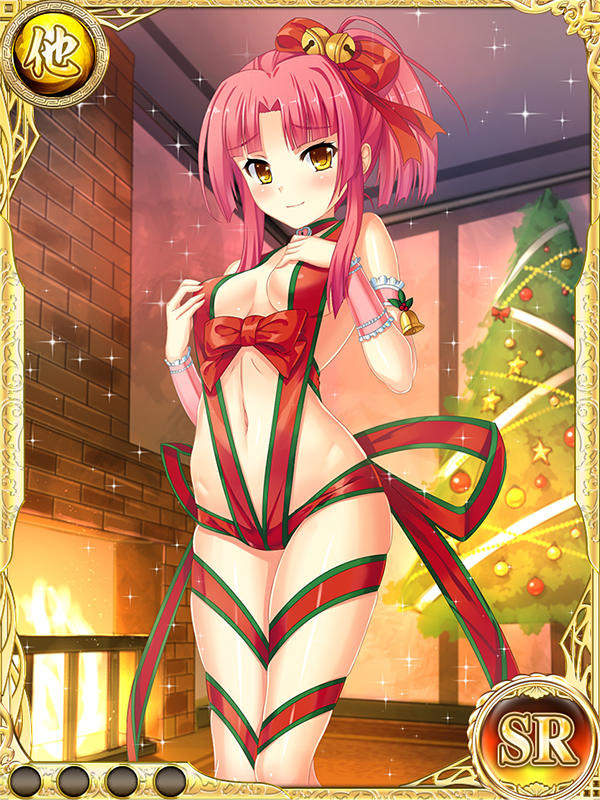 bell breasts brown_eyes christmas christmas_tree fire fireplace hair_ornament hands_on_own_breasts jingle_bell koihime_musou kousonsan long_hair naked_ribbon navel non-web_source nude official_art ponytail red_hair ribbon saeki_hokuto smile solo