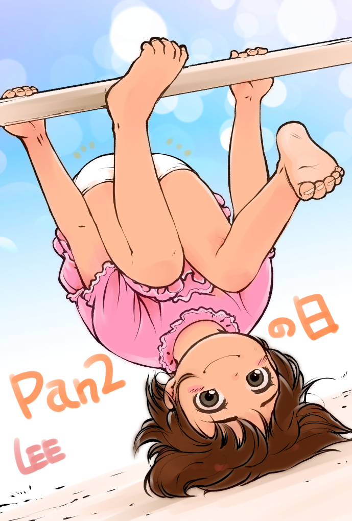 barefoot black_eyes brown_hair child commentary_request feet lee_(colt) looking_at_viewer original panties panties_day short_hair smile soles solo underwear upside-down white_panties