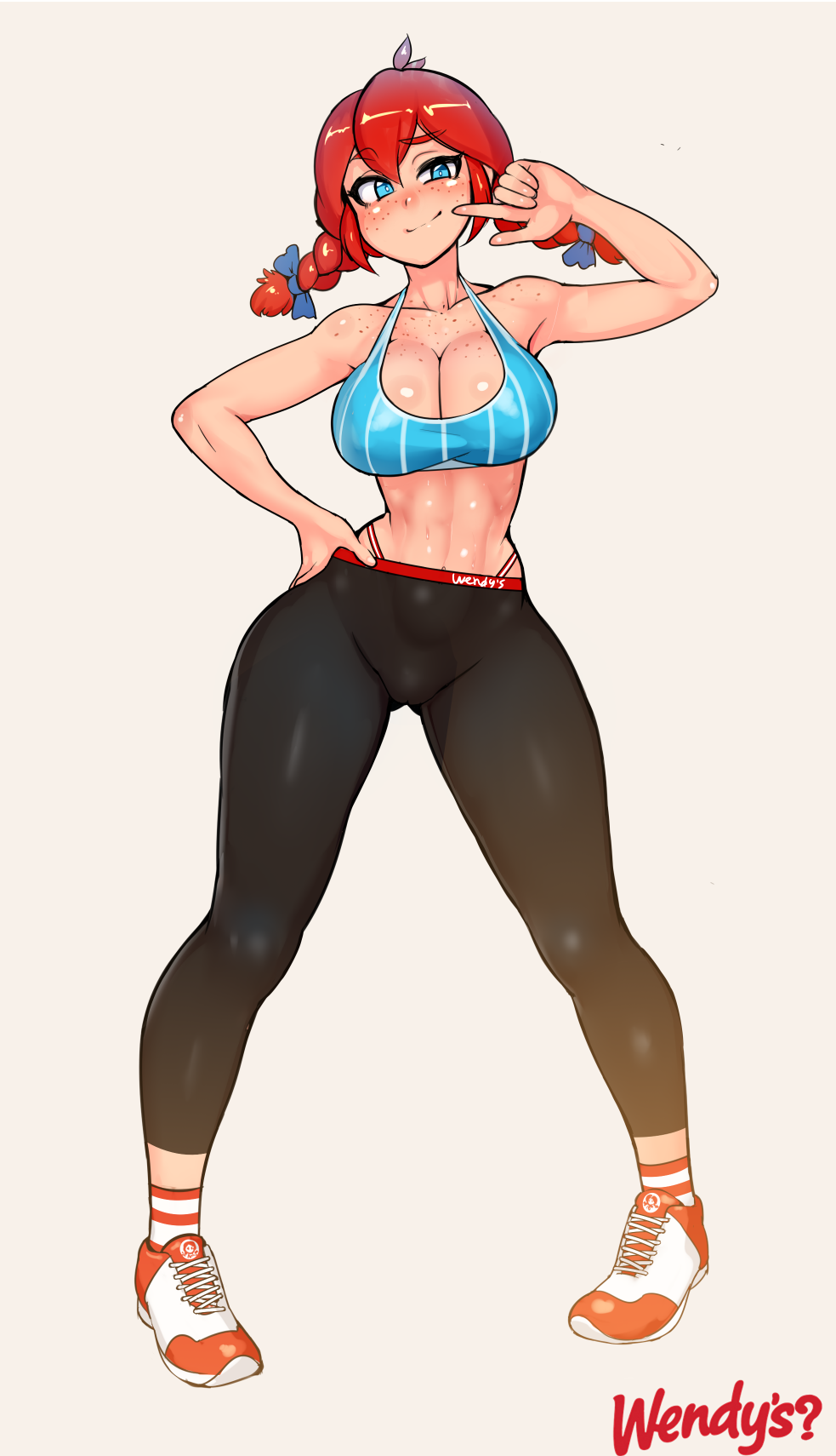 1girl blue_eyes blush breasts cleavage curvy freckles hand_on_hip highres hips large_breasts leggings midriff nisetanaka red_hair smile smug solo sports_bra twintails wendy's wendy_(wendy's) wide_hips