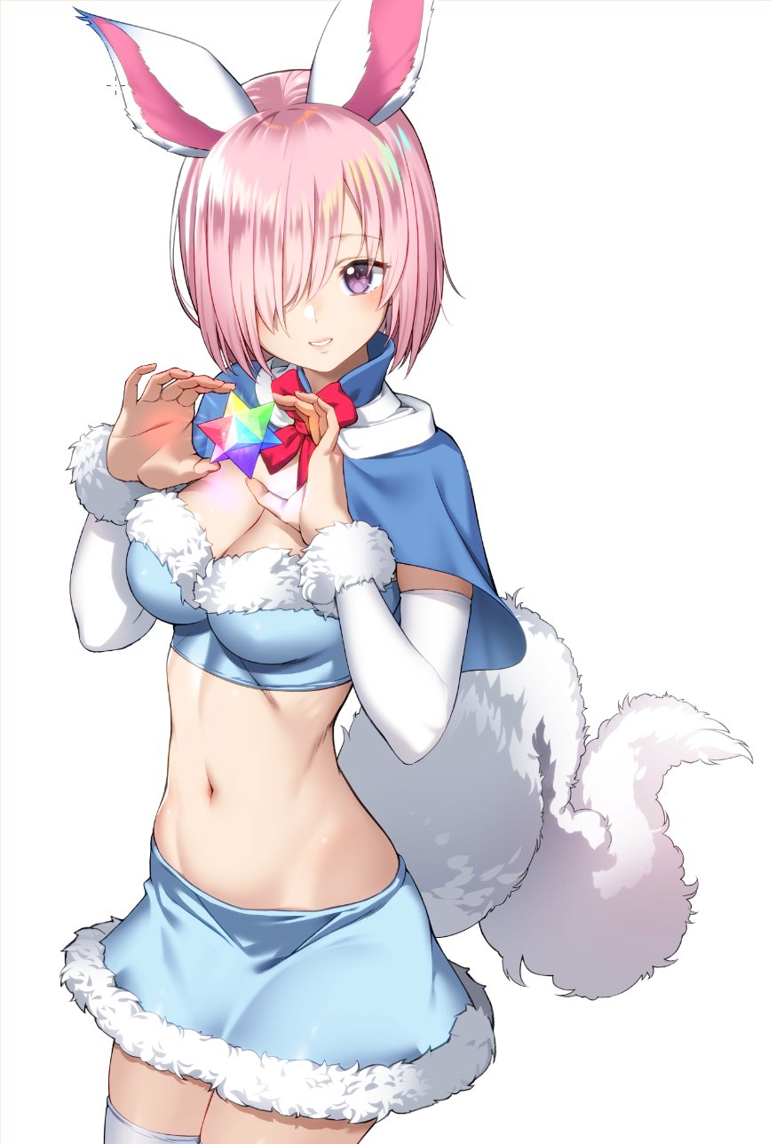 animal_ears blue_bra blue_capelet blue_skirt blush bra breasts capelet cleavage commentary_request cosplay cowboy_shot detached_sleeves fate/grand_order fate_(series) fou_(fate/grand_order) fou_(fate/grand_order)_(cosplay) fur-trimmed_bra fur-trimmed_capelet fur-trimmed_skirt fur_trim hair_over_one_eye highres lavender_hair long_sleeves looking_at_viewer mash_kyrielight midriff navel purple_eyes red_neckwear saint_quartz saruchitan short_hair skirt smile tail thighhighs underwear white_background white_legwear