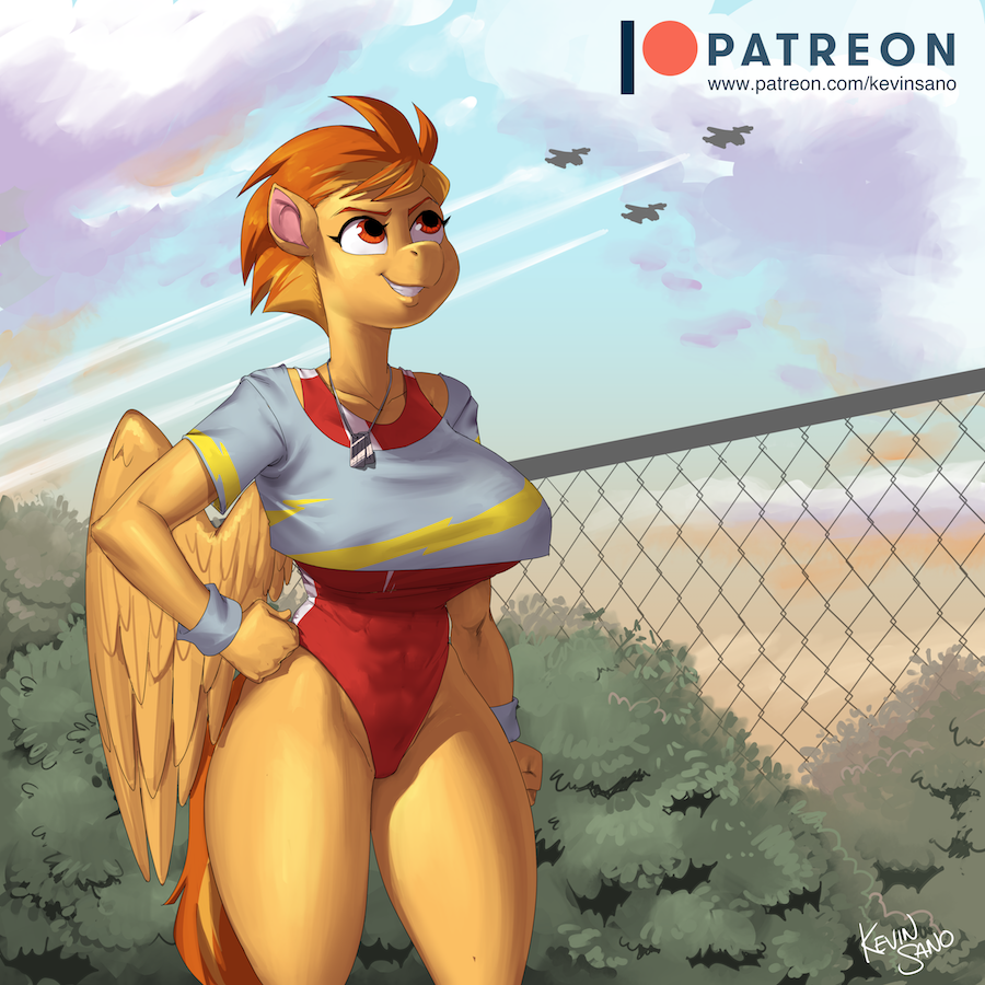 2018 abs aircraft airplane anthro anthrofied breasts clothed clothing cloud digital_media_(artwork) dog_tags equine feathered_wings feathers female friendship_is_magic hair kevinsano leotard mammal multicolored_hair multicolored_tail my_little_pony one-piece_swimsuit patreon pegasus shirt short_hair signature sky smile solo spitfire_(mlp) sweatband swimsuit two_tone_hair url wings wonderbolts_(mlp)