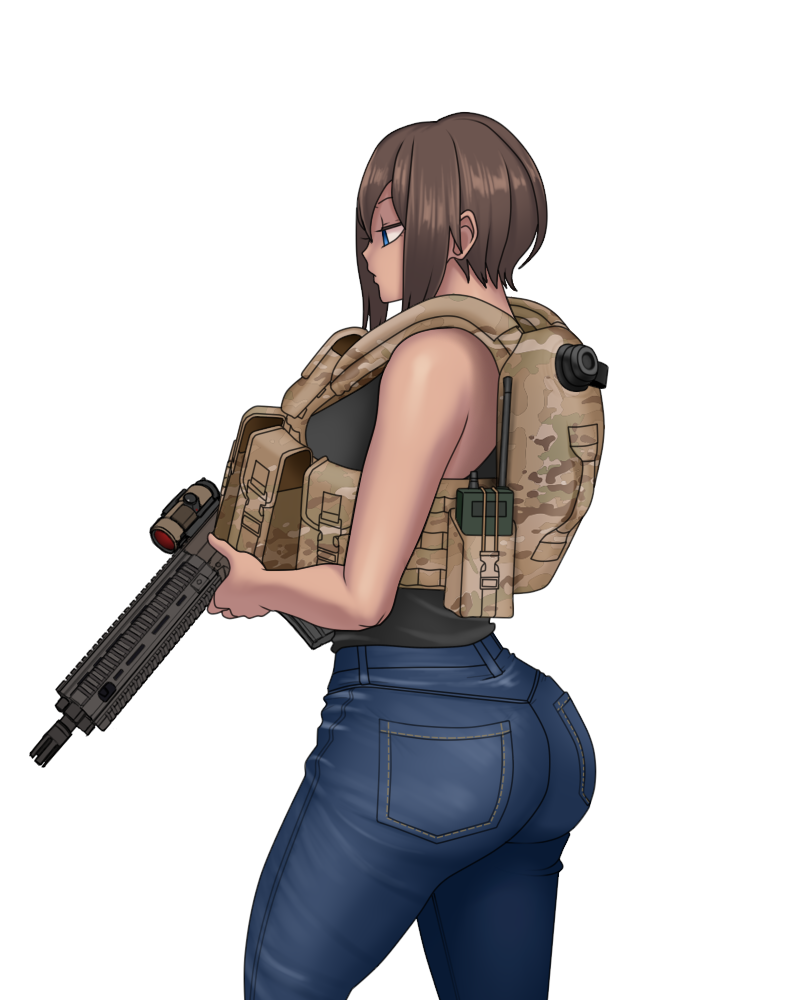 ass assault_rifle blue_eyes breasts brown_hair dark_skin denim denim_shorts gun heckler_&amp;_koch hips hk416 huge_ass huge_breasts mature military mk001black original plate_carrier rifle self_upload shorts solo vest weapon