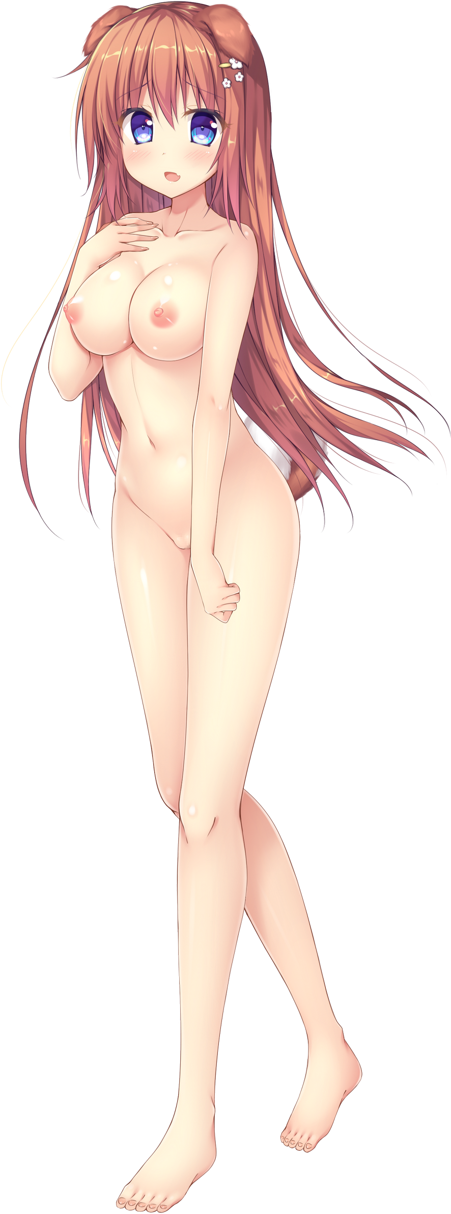animal_ears barefoot blue_eyes blush breasts brown_hair censored dog_ears dog_tail eyebrows_visible_through_hair fang flower forearms_at_chest full_body hair_flower hair_ornament hairclip highres koharu_(wanko_no_yomeiri) large_breasts long_hair mosaic_censoring navel nipples non-web_source nude official_art open_mouth pussy solo tail transparent_background wanko_no_yomeiri_~youkoso!_inu_no_shippo_e~ watagashi_yui