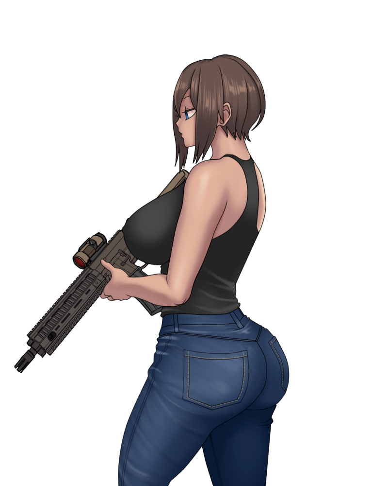 ass assault_rifle blue_eyes breasts brown_hair dark_skin denim denim_shorts gun heckler_&amp;_koch hips hk416 huge_ass huge_breasts mature mk001black original rifle self_upload shorts solo weapon