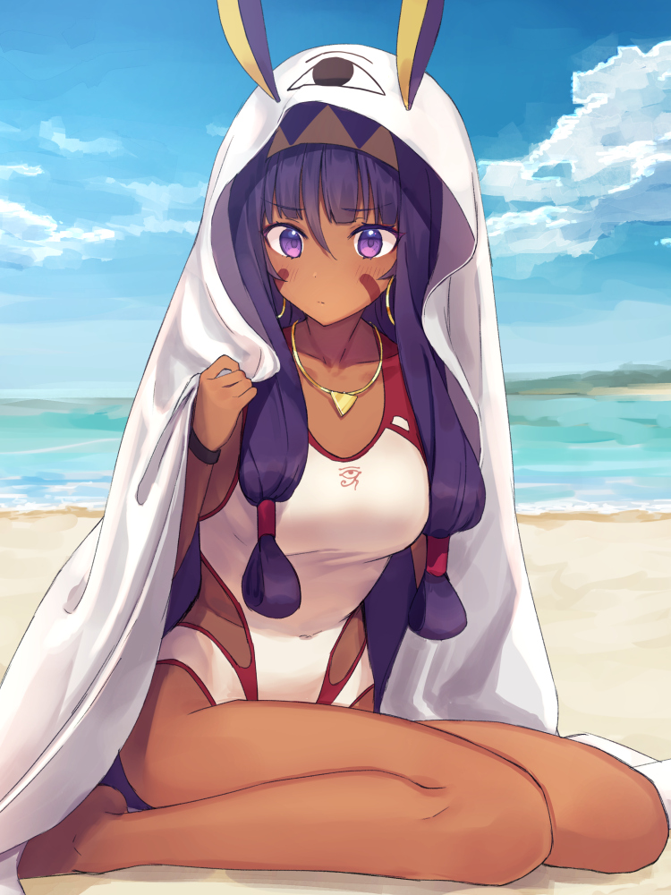 animal_ears bangs bare_legs barefoot beach blue_sky blush breasts casual_one-piece_swimsuit closed_mouth cloud collarbone commentary_request cosplay covered_navel day ears_through_headwear eyebrows_visible_through_hair facial_mark fate/grand_order fate_(series) hair_between_eyes hand_up jackal_ears long_hair medium_breasts medjed medjed_(cosplay) nitocris_(fate/grand_order) nitocris_(swimsuit_assassin)_(fate) ocean one-piece_swimsuit outdoors purple_eyes purple_hair rimo sand sidelocks sitting sky solo swimsuit very_long_hair wariza water white_swimsuit