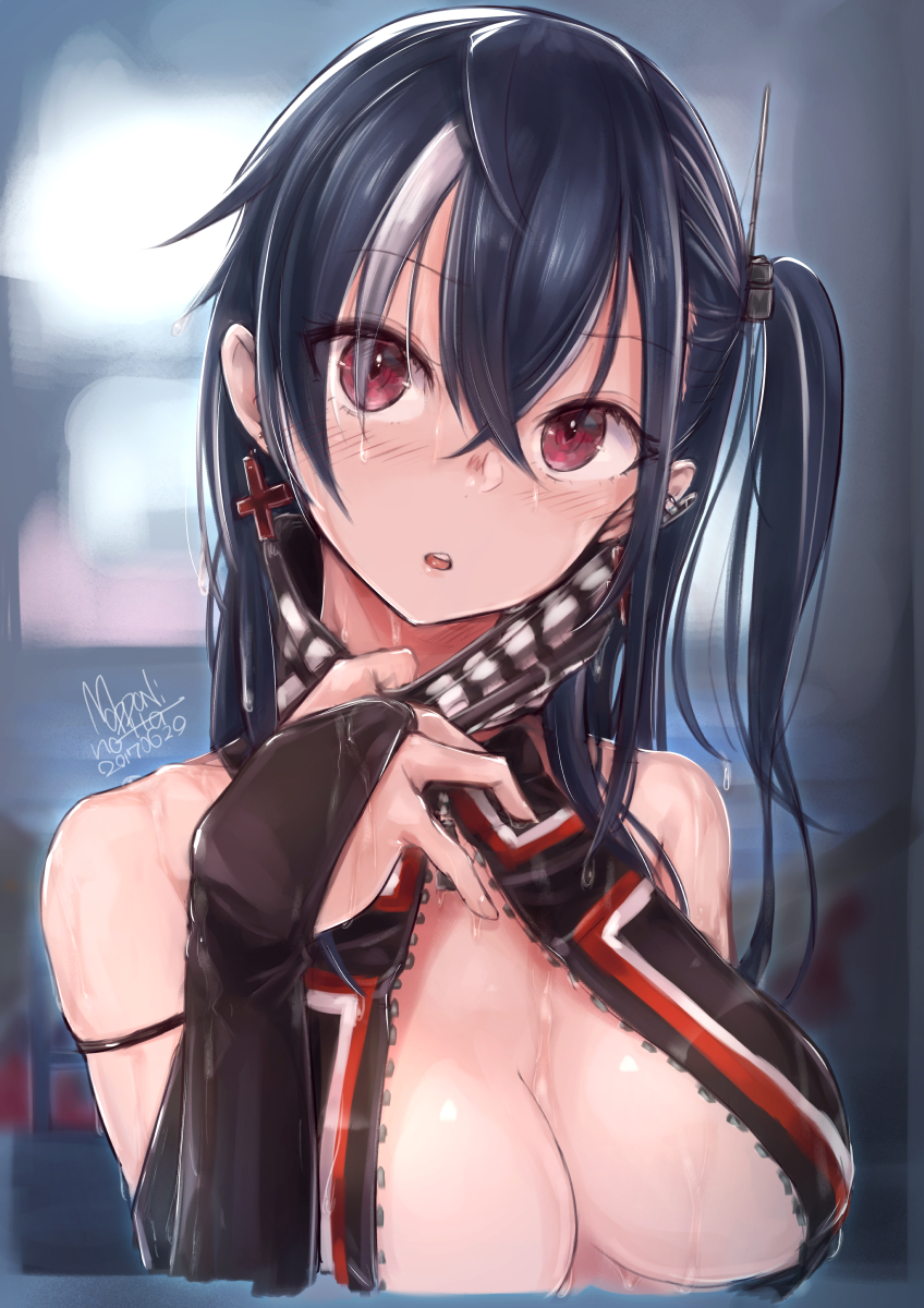 :o arm_strap azur_lane bangs black_hair blush breasts cleavage commentary cropped_torso cross cross_earrings crossed_bangs dated earrings eyebrows_visible_through_hair eyes_visible_through_hair hair_between_eyes head_tilt headgear highres iron_cross jewelry large_breasts long_hair looking_at_viewer mappaninatta multicolored_hair no_bra open_mouth red_eyes revision scarf_grab sidelocks signature skindentation solo streaked_hair u-47_(azur_lane) unzipped wet white_hair