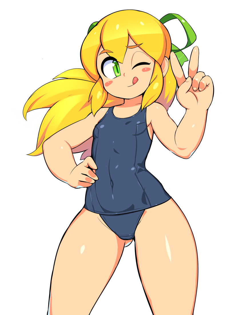 ;q ass_visible_through_thighs bangs bare_arms bare_shoulders black_swimsuit blonde_hair blush_stickers breasts collarbone covered_navel cowboy_shot eyebrows_visible_through_hair fingernails floating_hair green_eyes green_ribbon hair_between_eyes hair_ribbon hand_on_own_stomach hand_up legs_apart long_hair looking_at_viewer nisetanaka old_school_swimsuit one-piece_swimsuit one_eye_closed ponytail ribbon rockman rockman_(classic) roll school_swimsuit shiny shiny_clothes shiny_hair shiny_skin sidelocks simple_background small_breasts smile solo standing swimsuit thick_thighs thighs tongue tongue_out v white_background