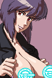 breasts censored ghost_in_the_shell ghost_in_the_shell_stand_alone_complex jacket kusanagi_motoko large_breasts laughing_man lowres novelty_censor oekaki open_clothes open_jacket portrait purple_background purple_hair rakugaki red_eyes short_hair simple_background smile solo