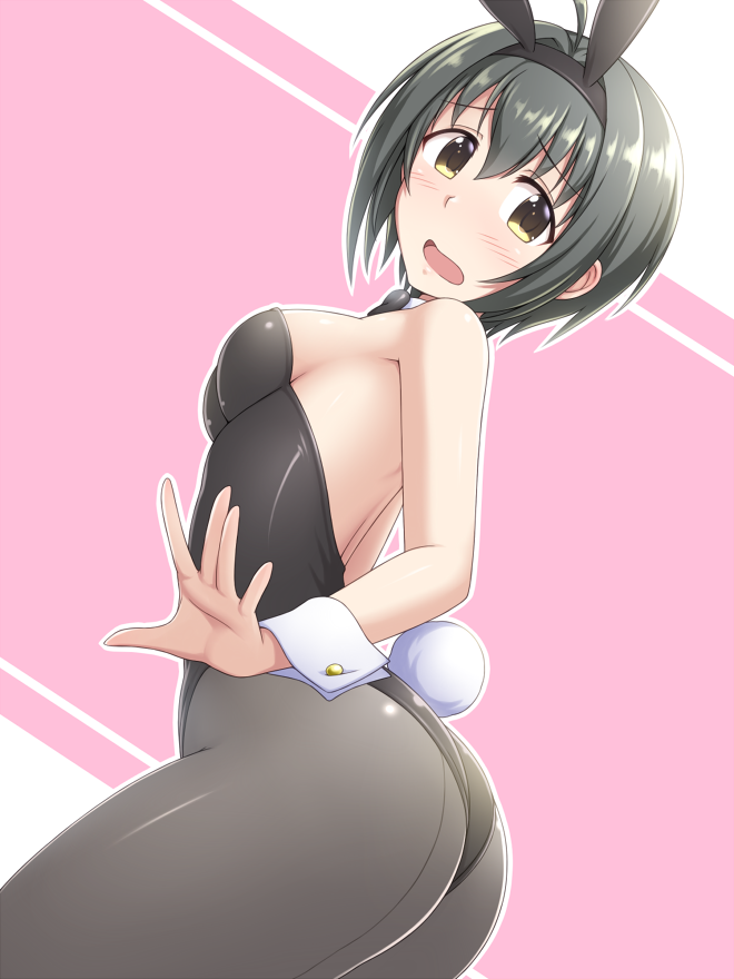 ahoge animal_ears ass black_hair black_leotard black_neckwear bow bowtie brown_eyes bunny_ears bunny_girl bunny_tail bunnysuit commentary_request cowboy_shot detached_collar idolmaster idolmaster_cinderella_girls kohinata_miho leotard looking_at_viewer pantyhose pataniito short_hair solo strapless strapless_leotard tail wrist_cuffs