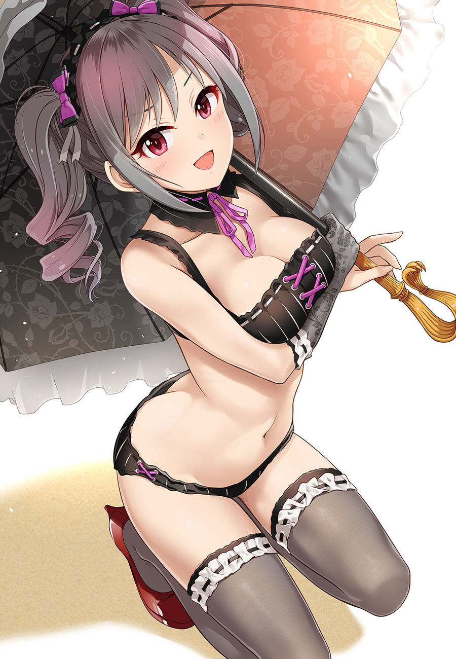 bangs bare_shoulders bikini black_bikini black_legwear blush bow breasts butt_crack cleavage collarbone commentary_request drill_hair elbow_gloves eyebrows_visible_through_hair fine_fabric_emphasis floral_print from_above gloves gothic_lolita hair_between_eyes hair_bow hair_ornament highres holding holding_umbrella idolmaster idolmaster_cinderella_girls kanzaki_ranko kazu kneeling lolita_fashion long_hair looking_at_viewer medium_breasts navel open_mouth red_eyes red_ribbon ribbon silver_hair single_elbow_glove smile solo stenciled_rose stomach swimsuit thighhighs thighs twin_drills twintails umbrella