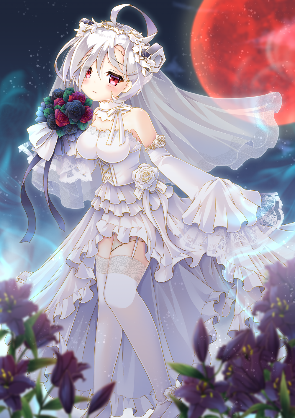 ahoge azur_lane bare_shoulders black_flower black_rose blurry blurry_foreground blush bolt bouquet breasts bridal_veil closed_mouth commentary_request depth_of_field detached_sleeves dress flower full_moon garter_straps head_tilt highres holding holding_bouquet long_sleeves looking_at_viewer medium_breasts moon night night_sky outdoors purple_flower red_eyes red_flower red_moon red_rose rose see-through shoes sky sleeves_past_fingers sleeves_past_wrists solo standing star_(sky) starry_sky stitches strapless strapless_dress terror_(azur_lane) thighhighs veil wedding_dress white_dress white_flower white_footwear white_hair white_legwear white_rose wide_sleeves yorarry