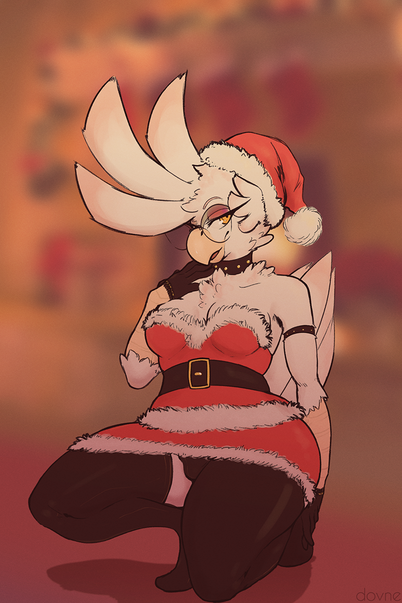 2018 anthro armlet avian beak bedroom_eyes belt bird black_clothing breasts bulge christmas cleavage clothed clothing cockatoo collar crouching dickgirl dovne dovne_(character) eyelashes eyeshadow eyewear feathers glasses gloves half-closed_eyes hat holidays intersex legwear looking_at_viewer makeup non-mammal_breasts open_mouth parrot red_clothing seductive smile solo stockings white_feathers yellow_eyes