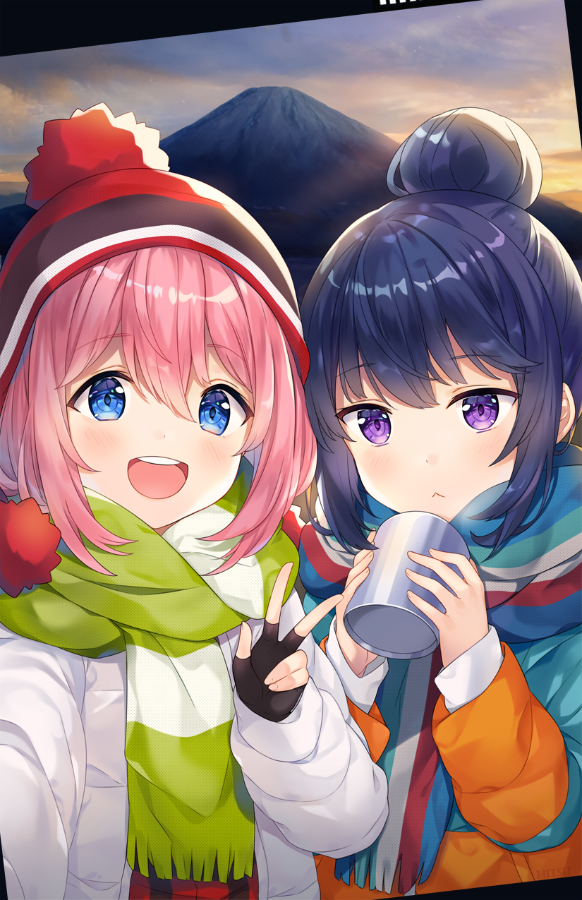 :&lt; :d artist_name bangs beanie blue_eyes blue_hair blush commentary_request cup eyebrows_visible_through_hair green_scarf hair_between_eyes hair_bun happy hat highres hitsukuya jacket kagamihara_nadeshiko long_hair mount_fuji mountain multicolored multicolored_stripes multiple_girls open_clothes open_jacket open_mouth orange_jacket pink_hair plaid pom_pom_(clothes) purple_eyes reaching_out red_hat scarf self_shot shima_rin sidelocks smile striped striped_scarf sunrise teeth v white_jacket winter_clothes yurucamp