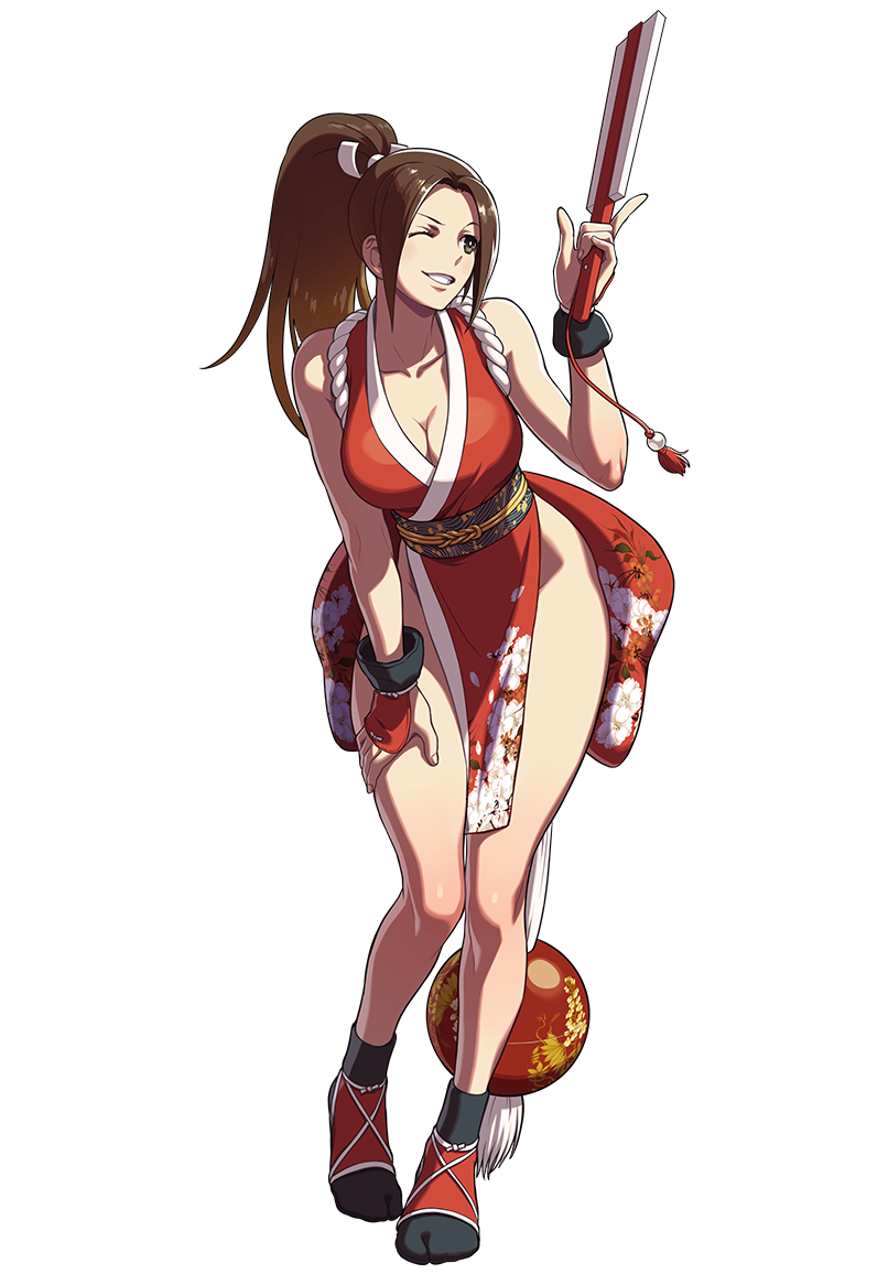 breasts brown_eyes brown_hair cleavage closed_fan fan fatal_fury folding_fan full_body high_ponytail japanese_clothes large_breasts ninja official_art ogura_eisuke pelvic_curtain ponytail revealing_clothes shiranui_mai snk snk_heroines:_tag_team_frenzy solo the_king_of_fighters