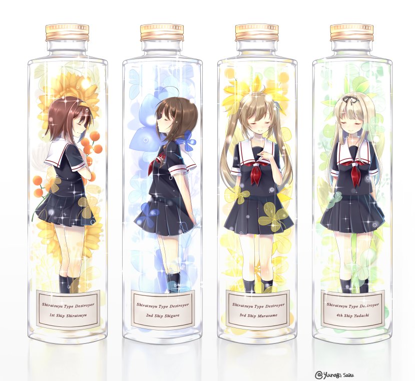 ahoge arms_behind_back black_legwear black_serafuku blonde_hair bottle braid breasts brown_hair character_name closed_eyes closed_mouth commentary_request eyebrows_visible_through_hair flower full_body hair_over_shoulder hair_ribbon hairband in_bottle in_container joujou kantai_collection kneehighs light_brown_hair lineup long_hair multiple_girls murasame_(kantai_collection) name_tag pleated_skirt red_neckwear ribbon school_uniform serafuku shigure_(kantai_collection) ship_in_a_bottle shiratsuyu_(kantai_collection) short_hair skirt small_breasts smile sparkle twintails twitter_username yuudachi_(kantai_collection)