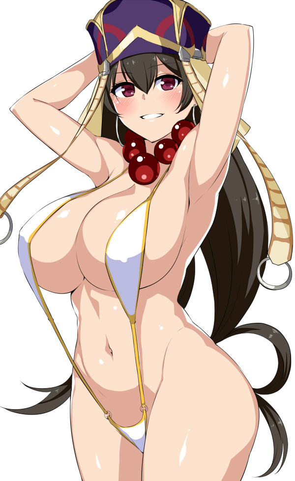 alternate_costume armpits arms_behind_head arms_up bare_shoulders beads bikini black_hair blush breasts collarbone cowboy_shot eyebrows_visible_through_hair fate/grand_order fate_(series) hat horosuke_(toot08) huge_breasts long_hair looking_at_viewer navel prayer_beads purple_eyes revealing_clothes sideboob simple_background slingshot_swimsuit smile solo strap_gap swimsuit white_background white_swimsuit xuanzang_(fate/grand_order)
