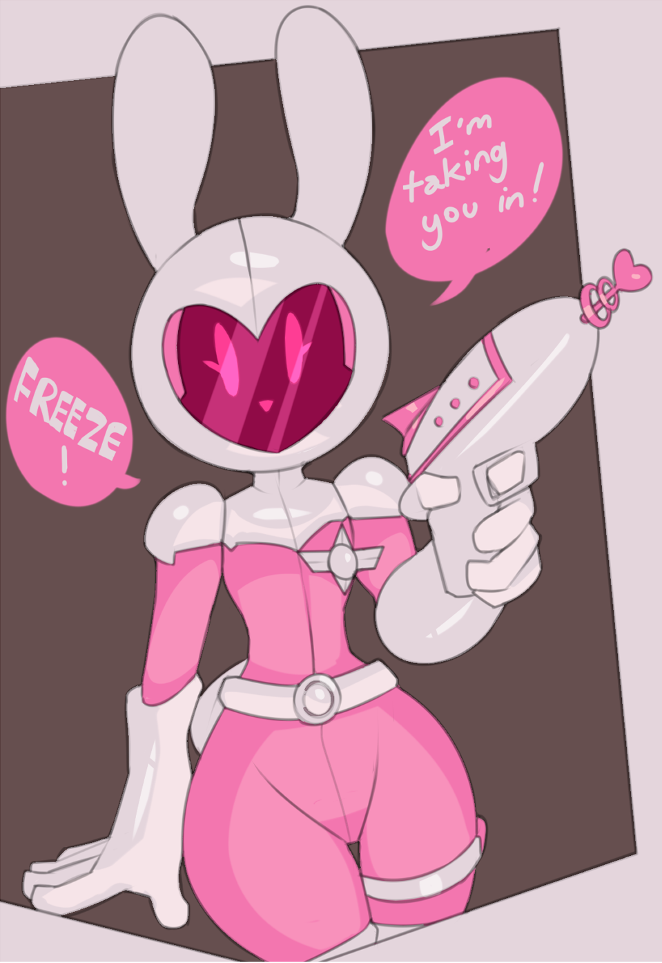 2018 5_fingers anthro armor breasts captaineaglesmut clothing dialogue english_text female gloves helmet lagomorph looking_at_viewer mammal pinku_(miscon) rabbit ray_gun small_breasts solo text thick_thighs thigh_gap uniform weapon