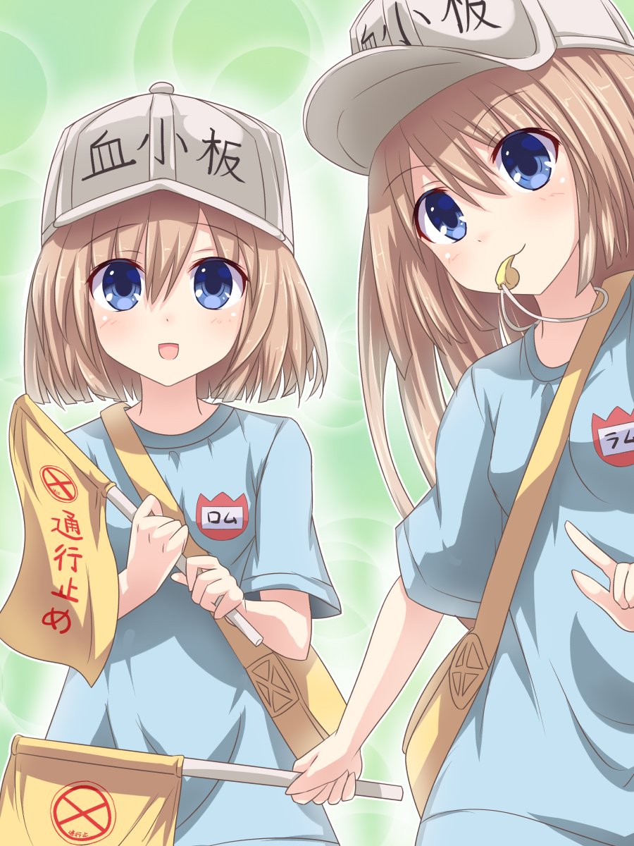 alternate_costume bangs blue_eyes blush breasts brown_hair cosplay eyebrows_visible_through_hair hat hataraku_saibou highres holding kazuneko_(wktk1024) long_hair looking_at_viewer mouth_hold multiple_girls neptune_(series) platelet_(hataraku_saibou) platelet_(hataraku_saibou)_(cosplay) ram_(choujigen_game_neptune) rom_(choujigen_game_neptune) short_hair siblings sisters small_breasts smile twins whistle