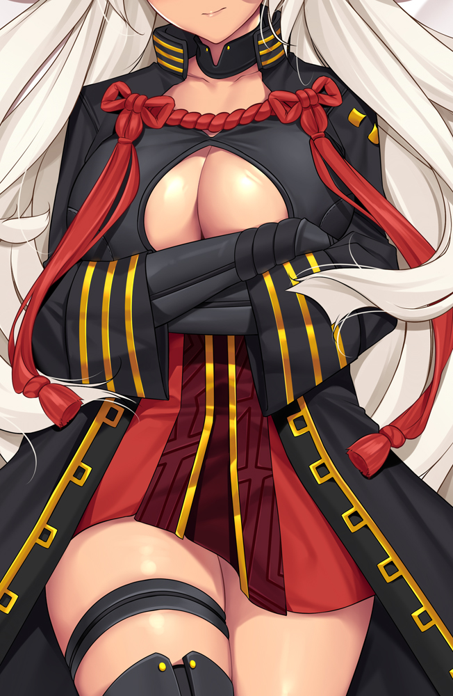 arms_under_breasts black_coat breasts cleavage_cutout collarbone crossed_arms dakimakura dark_skin fate/grand_order fate_(series) large_breasts long_hair okita_souji_(alter)_(fate) okita_souji_(fate)_(all) out_of_frame solo tassel thigh_strap tony_guisado very_long_hair white_hair