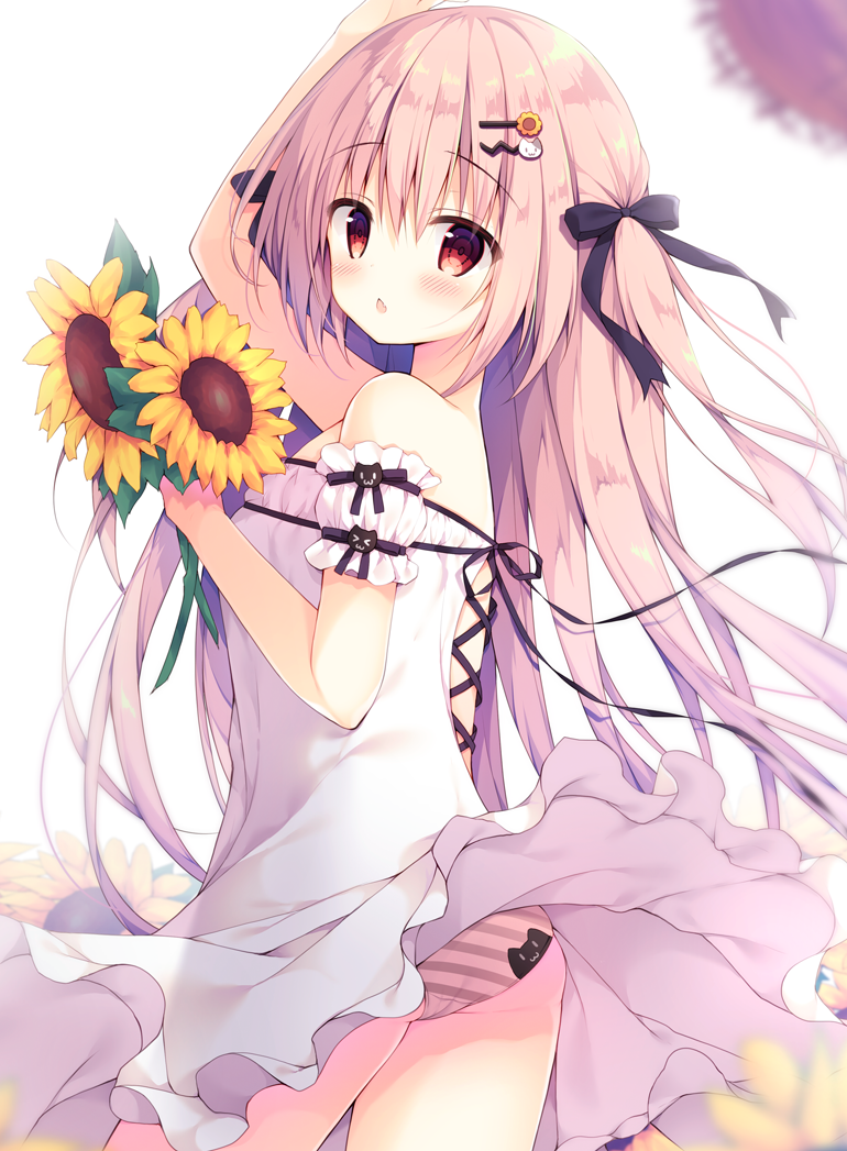 arm_up ass bangs bare_shoulders black_bow blurry blurry_background blush bow chestnut_mouth commentary depth_of_field detached_sleeves dress eyebrows_visible_through_hair flower hair_between_eyes hair_bow hair_ornament hairclip hat hat_removed headwear_removed holding holding_flower izumiyuhina long_hair looking_at_viewer looking_to_the_side off-shoulder_dress off_shoulder original panties parted_lips pink_hair puffy_short_sleeves puffy_sleeves red_eyes short_sleeves sidelocks solo straw_hat striped striped_panties sunflower symbol_commentary two_side_up underwear very_long_hair white_background white_dress yellow_flower