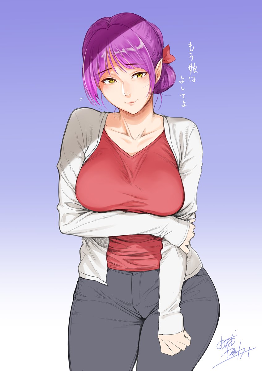 arm_under_breasts blush bow breast_hold breasts cardigan commentary_request cowboy_shot gegege_no_kitarou hair_bow highres hips looking_at_viewer mature nekomusume nekomusume_(gegege_no_kitarou_6) older purple_hair simple_background smile solo yellow_eyes yosiura