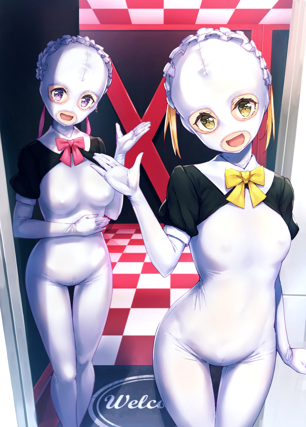 :d bodysuit bow breasts checkered checkered_ceiling checkered_floor commentary_request cowboy_shot doorway hand_up head_tilt highres looking_at_viewer mask medium_breasts multiple_girls open_mouth original pink_bow pink_neckwear puffy_short_sleeves puffy_sleeves purinpu purple_eyes short_sleeves smile white_bodysuit yellow_bow yellow_eyes yellow_neckwear zentai