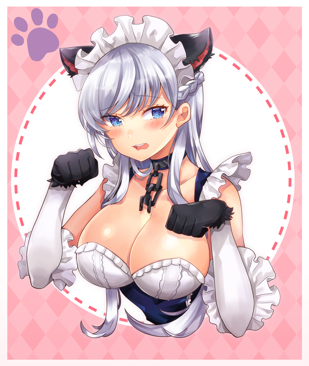 animal_ears argyle argyle_background azur_lane bangs bare_shoulders belfast_(azur_lane) black_gloves blue_eyes blush braid breasts broken broken_chain cat_ears chain cleavage collar commentary_request elbow_gloves eyebrows_visible_through_hair frills gloves grey_hair kemonomimi_mode large_breasts long_hair maid_headdress mozzarella open_mouth paw_pose paws shiny shiny_hair solo upper_body wavy_hair