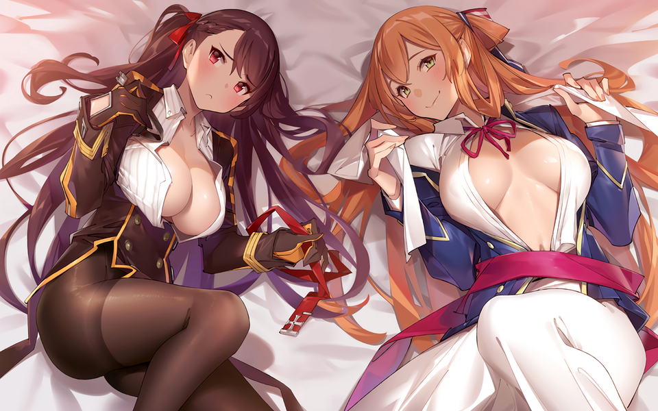 bed bed_sheet blush breasts cropped girls_frontline gloves hair_ribbon m1903_springfield_(girls_frontline) military military_uniform multiple_girls open_clothes open_shirt pantyhose pop_kyun ribbon uniform wa2000_(girls_frontline)