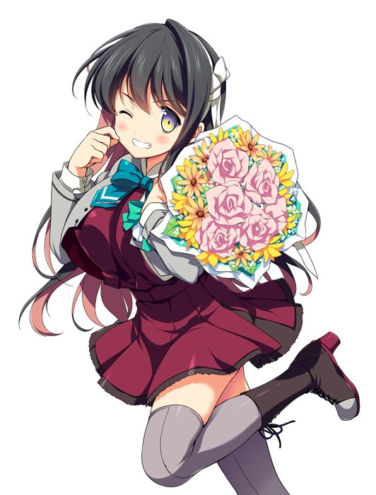 black_hair blush boots bouquet breasts commentary_request cross-laced_footwear flower green_neckwear grey_legwear kantai_collection lace-up_boots large_breasts long_hair multicolored_hair naganami_(kantai_collection) odawara_hakone one_eye_closed pink_hair remodel_(kantai_collection) school_uniform shirt simple_background solo standing standing_on_one_leg thighhighs two-tone_hair wavy_hair white_background white_shirt