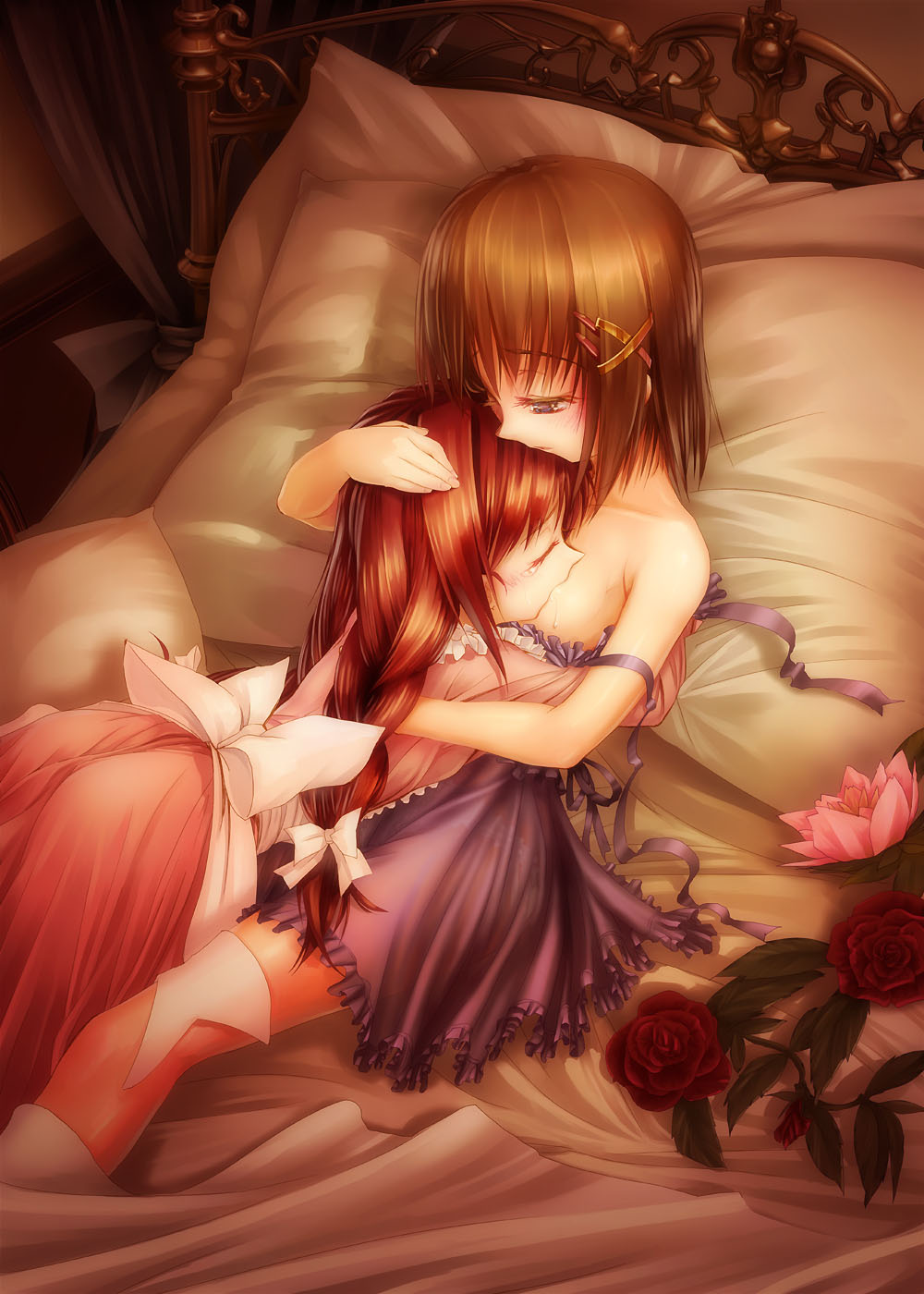 apron bad_id bad_pixiv_id bed braid breast_sucking breasts brown_hair flat_chest flower highres hug lyrical_nanoha mahou_shoujo_lyrical_nanoha mahou_shoujo_lyrical_nanoha_a's medium_breasts multiple_girls pillow red_hair ribbon rose tears tom_(1art.) twin_braids vita yagami_hayate yuri