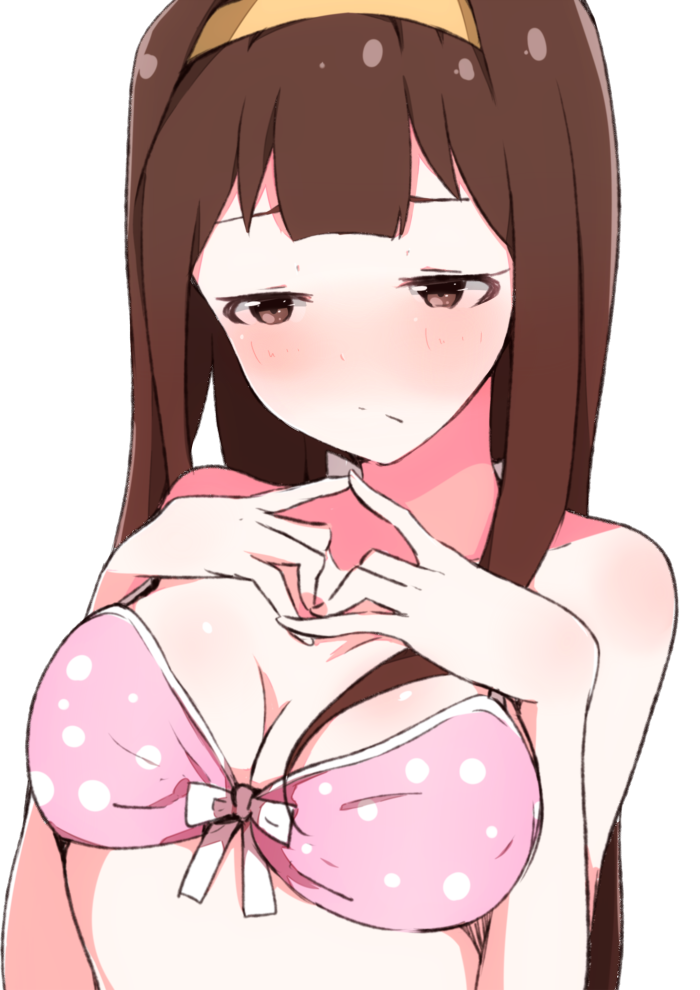 bangs bare_arms bare_shoulders blush bow bow_bra bra breasts brown_eyes brown_hair cleavage closed_mouth collarbone enelis hairband hands_up idolmaster idolmaster_million_live! idolmaster_million_live!_theater_days long_hair medium_breasts nose_blush pink_bra polka_dot polka_dot_bra solo tanaka_kotoha underwear underwear_only very_long_hair yellow_hairband