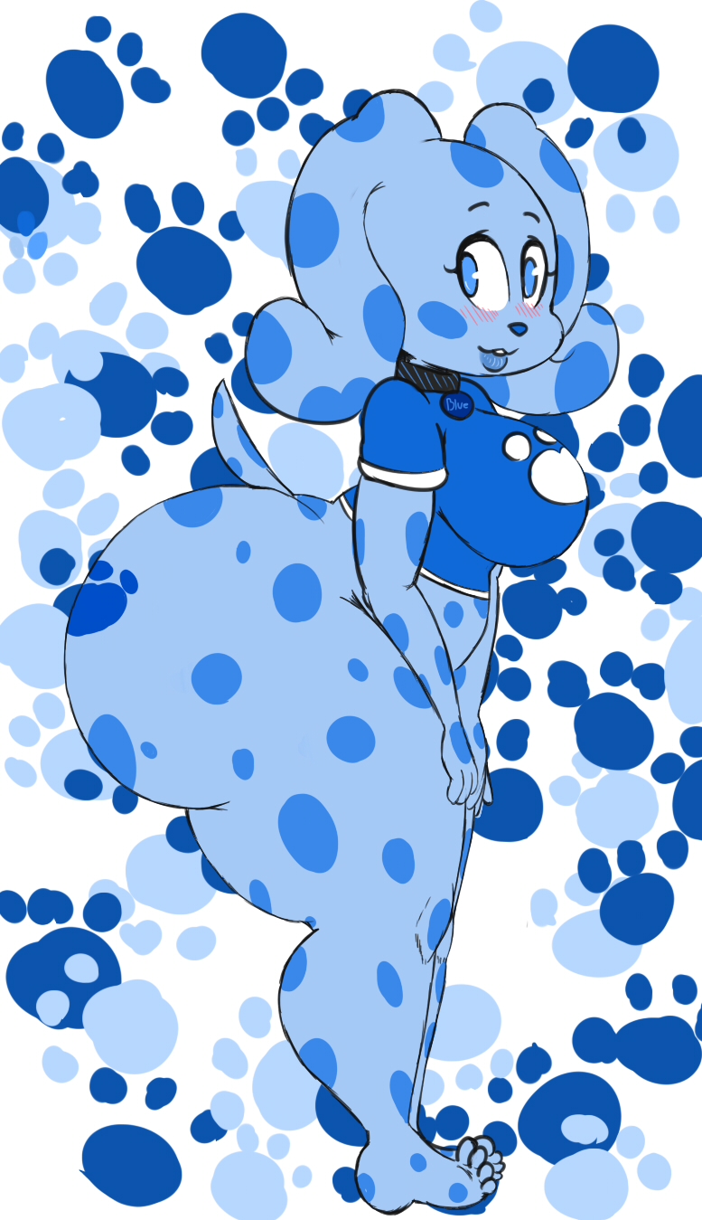 2018 4_fingers abstract_background anthro big_breasts big_butt blue's_clues blue_(blue's_clues) blue_eyes blue_fur blush bottomless breasts butt canine clothed clothing collar dog dog_tags female fur hi_res looking_at_viewer mammal midriff neom-daddy pawprint pose slightly_chubby spots spotted_fur standing thick_thighs voluptuous