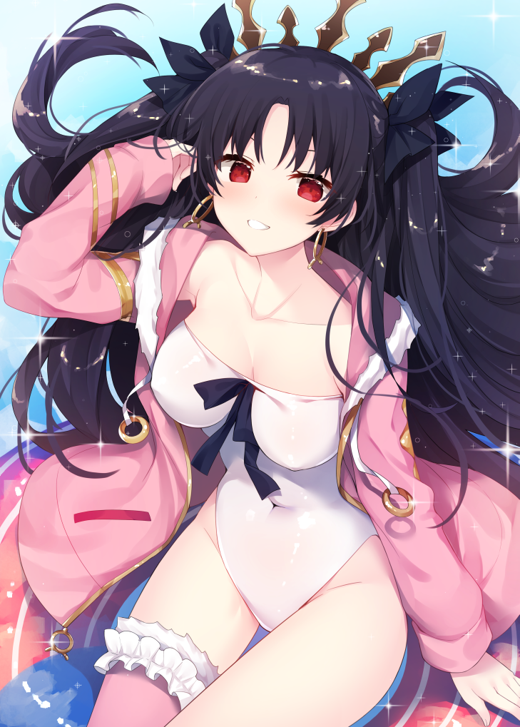 adjusting_hair bangs black_bow black_hair blush bow breasts cleavage collarbone commentary_request covered_navel covered_nipples cowboy_shot earrings fate/grand_order fate_(series) fur-trimmed_hood grin hood hood_down hoodie hoop_earrings ishtar_(fate/grand_order) ishtar_(swimsuit_rider)_(fate) jewelry leotard long_hair long_sleeves looking_at_viewer medium_breasts miko_92 open_clothes open_hoodie outdoors parted_bangs pink_hoodie pink_legwear red_eyes see-through shiny shiny_hair single_thighhigh sitting smile thighhighs tiara two_side_up white_leotard