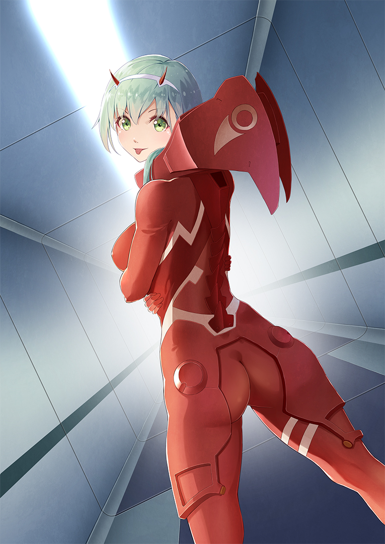 :p aqua_eyes aqua_hair bodysuit cosplay darling_in_the_franxx from_behind horns kantai_collection long_hair looking_back oni_horns pilot_suit red_bodysuit red_horns solo suzuya_(kantai_collection) tongue tongue_out yamakou_(yamakou_e2) zero_two_(darling_in_the_franxx) zero_two_(darling_in_the_franxx)_(cosplay)