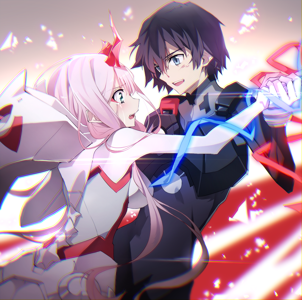 1boy 1girl bangs black_bodysuit black_hair blue_eyes blush bodysuit breasts broken_horn commentary_request crying crying_with_eyes_open darling_in_the_franxx eye_contact eyebrows_visible_through_hair fang green_eyes hair_between_eyes hand_up hiro_(darling_in_the_franxx) holding_hand horns long_hair long_sleeves looking_at_another male_focus mecha medium_breasts military military_uniform necktie open_mouth pilot_suit pink_hair profile red_neckwear short_hair solo strelizia tears tsuedzu uniform upper_teeth very_long_hair white_bodysuit zero_two_(darling_in_the_franxx)