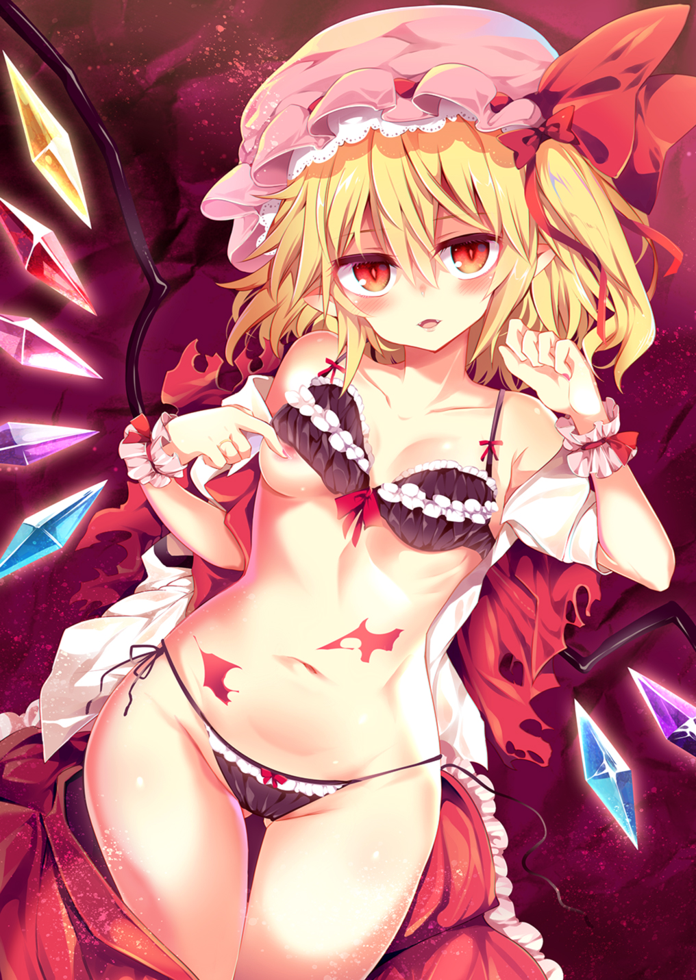 areolae ass_visible_through_thighs bare_shoulders black_bra black_panties blonde_hair blush bow bow_panties bra breasts clenched_hand collarbone commentary_request cowboy_shot crystal eyebrows_visible_through_hair fangs flandre_scarlet frilled_bra frilled_panties frills groin hair_between_eyes hair_bow hand_up hat hat_ribbon head_tilt highres jewelry lace lace-trimmed_hat lace_trim light_particles maturiuta_sorato nail_polish navel off_shoulder one_side_up open_clothes open_shirt panties parted_lips petticoat pink_hat pink_nails pointy_ears red_background red_bow red_eyes red_ribbon ribbon ring shiny shiny_skin shirt short_hair short_sleeves side-tie_panties simple_background skirt skirt_pull small_breasts smile solo stomach thighs torn_clothes torn_vest touhou underwear white_shirt wings wrist_cuffs
