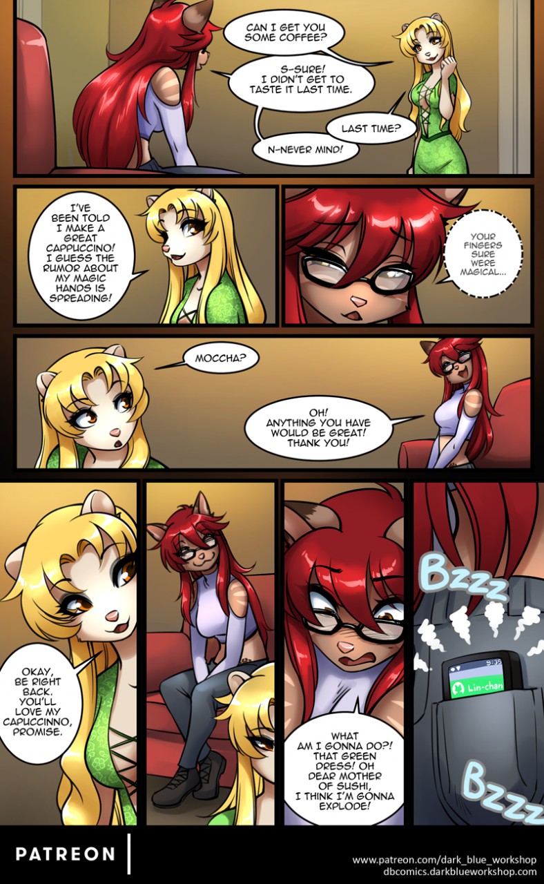 abluedeer ama_(abluedeer) anthro blonde_hair breasts cat clothed clothing comic dialogue duo english_text eyewear feline female ferret glasses hair mammal midriff moccha_(abluedeer) moon_lace mustelid red_hair text