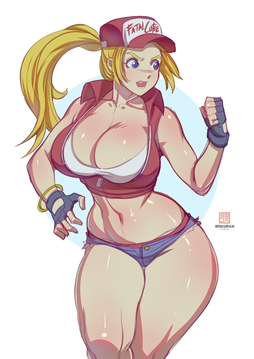 bare_legs bare_shoulders black_gloves blonde_hair blue_eyes bokuman bracelet breasts cleavage clenched_hands collarbone collared_jacket commentary crop_top cropped_jacket curvy denim denim_shorts fingerless_gloves genderswap genderswap_(mtf) gloves hand_up hat highres jacket jewelry large_breasts long_hair looking_to_the_side navel open_mouth panties ponytail red_hat red_jacket red_panties shirt short_shorts shorts snk snk_heroines:_tag_team_frenzy solo taut_clothes taut_shirt terry_bogard the_king_of_fighters thick_thighs thighs underwear unzipped wide_hips