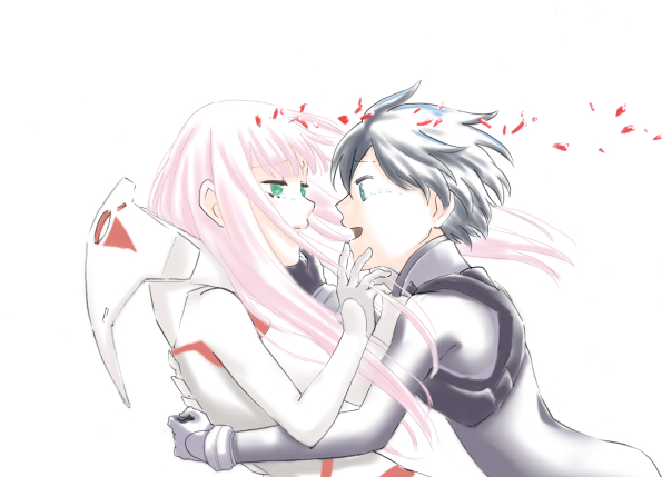 1girl bangs black_bodysuit black_hair blue_eyes bodysuit commentary_request couple crying crying_with_eyes_open darling_in_the_franxx eyebrows_visible_through_hair face-to-face facing_another gloves green_eyes hand_on_another's_back hand_on_another's_chin hetero hiro_(darling_in_the_franxx) hug long_hair looking_at_another pandagapandade pilot_suit pink_hair tears white_bodysuit white_gloves zero_two_(darling_in_the_franxx)